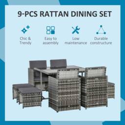 STILVORA Dining Set 8-Seater with cushions grey rattan - thumbnail 4