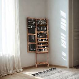 FURNOS Free Standing Mirror Lockable Jewellery Cabinet 360 Swivel in Brown - thumbnail 3
