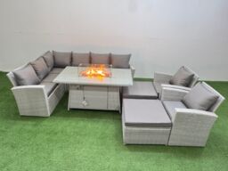 Fimous Outdoor Furniture Garden Dining Set Gas Fire Pit Table with Temper Glass Footstools 10 Seater in Light Grey - thumbnail 2