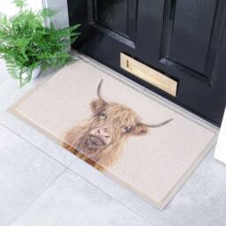Artsy Mats Neutral Watercolour Highland Cow Doormat (70 x 40cm) in Beige - Size: 40 cm x 70 cm - thumbnail 1