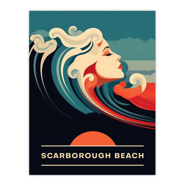 "Artery8 Wall Art Print The Seaside Calls Scarborough Beach England UK Sunset Woman of the Waves Sea Siren Ocean Poster in Blue - Size: W24"" x H32""" - image 1