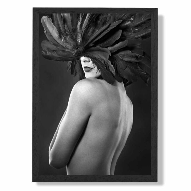 ARTZE Woman with Feathers Mask Fashion Black & White Photo Framed Print SIZE: A2 with Black Frame - Size: A4 - image 1