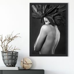 ARTZE Woman with Feathers Mask Fashion Black & White Photo Framed Print SIZE: A2 with Black Frame - Size: A4 - thumbnail 2