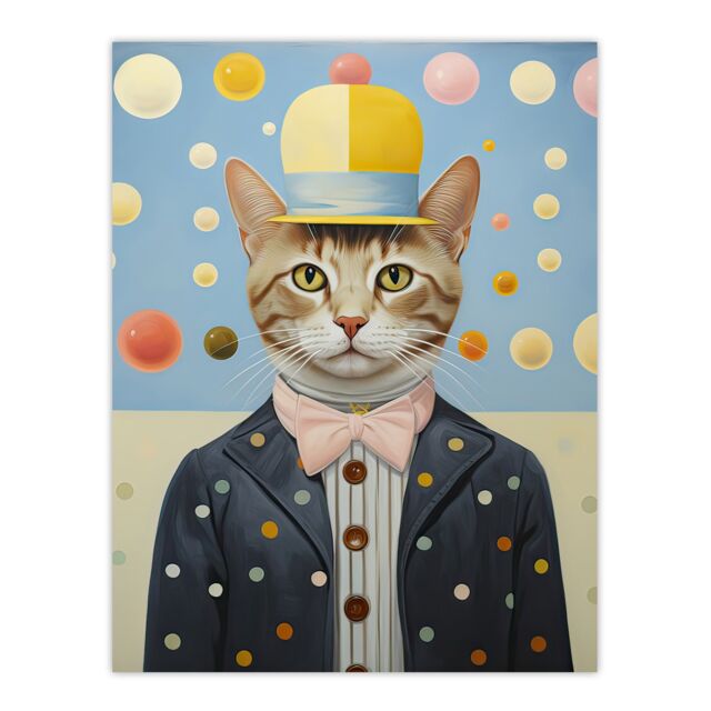 "Artery8 Wall Art Print Polka Dot Cat Surreal Oil Painting Quirky Pet Portrait with Hat & Bow Tie Kids Bedroom Artwork Poster - Size: W18"" x H24""" - image 1