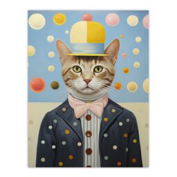 "Artery8 Wall Art Print Polka Dot Cat Surreal Oil Painting Quirky Pet Portrait with Hat & Bow Tie Kids Bedroom Artwork Poster - Size: W18"" x H24""" - thumbnail 1