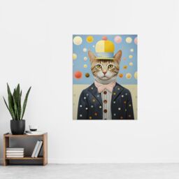 "Artery8 Wall Art Print Polka Dot Cat Surreal Oil Painting Quirky Pet Portrait with Hat & Bow Tie Kids Bedroom Artwork Poster - Size: W18"" x H24""" - thumbnail 4