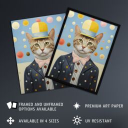 "Artery8 Wall Art Print Polka Dot Cat Surreal Oil Painting Quirky Pet Portrait with Hat & Bow Tie Kids Bedroom Artwork Poster - Size: W18"" x H24""" - thumbnail 2
