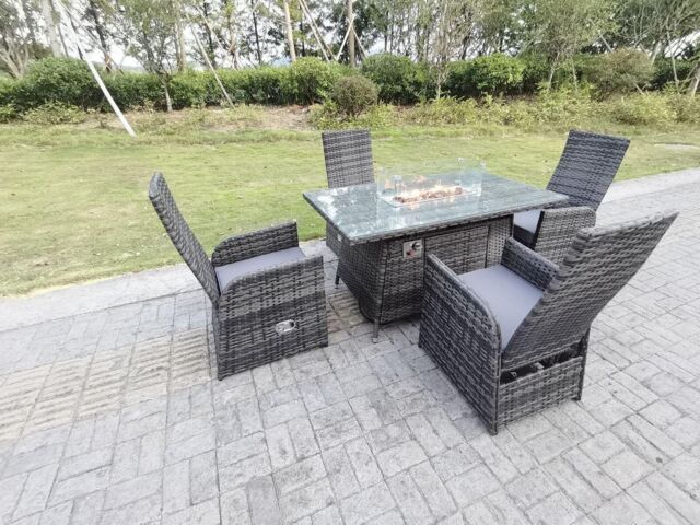 Fimous Rattan Garden Furniture Gas Fire Pit Rectangle Oblong Dining Table & Chairs 4 Seater in Dark Grey - image 1