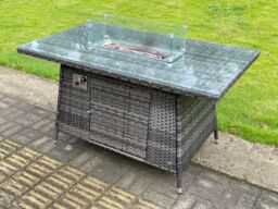 Fimous Rattan Garden Furniture Gas Fire Pit Rectangle Oblong Dining Table & Chairs 4 Seater in Dark Grey - thumbnail 3