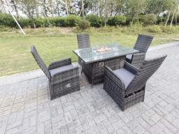 Fimous Rattan Garden Furniture Gas Fire Pit Rectangle Oblong Dining Table & Chairs 4 Seater in Dark Grey - thumbnail 4