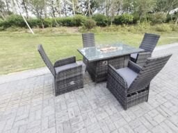 Fimous Rattan Garden Furniture Gas Fire Pit Rectangle Oblong Dining Table & Chairs 4 Seater in Dark Grey - thumbnail 1