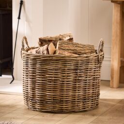 Dibor Traditional Round Large Grey Rattan Log Basket with Handles H40 x L57 x W40cm in Natural
