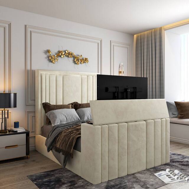 KDMD Artlebeck Upholstered Soft Velvet Cream Tv Bespoke Bed Frame - Size: Double - image 1