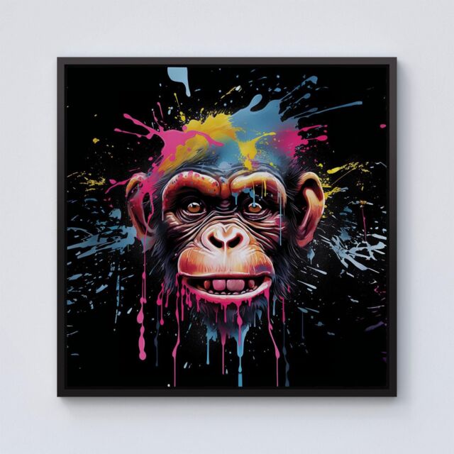 "Warren Reed - Designer Multi Coloured Monkey Face Splashart Framed Canvas in Black - Size: W30"" x H30""" - image 1