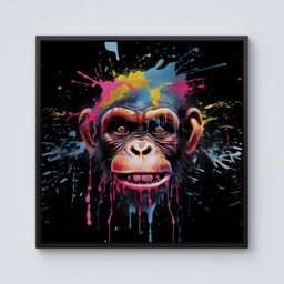 "Warren Reed - Designer Multi Coloured Monkey Face Splashart Framed Canvas in Black - Size: W30"" x H30""" - thumbnail 1