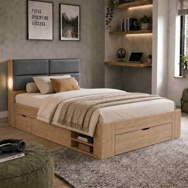 Matteo Natural Effect 3ft Single Bed Frame with Storage, Padded Headboard - image 1