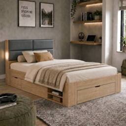 Matteo Natural Effect 3ft Single Bed Frame with Storage, Padded Headboard - thumbnail 1