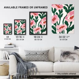 Artery8 Wall Art Print Abstract Flower Blooms Pink Green Bright Painting Art Framed Poster in Black - Size: A4 - thumbnail 3