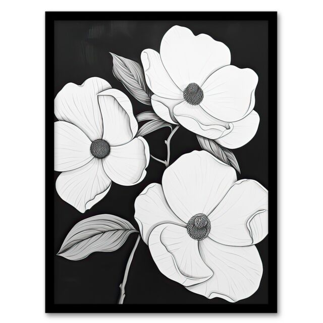 "Artery8 White Flower Blooms on Black Contrast Painting Framed Art Print - Size: W12"" x H16""" - image 1