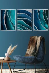 ARTZE Abstract Teal Blue Silver Strokes Framed Wall Art - Large in Metallic Silver - Size: W53 cm x H73 cm x D20mm