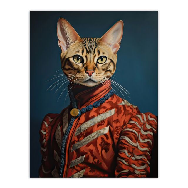 "Artery8 Wall Art Print Bengal Aristocrat Oil Painting Orange Red Blue Cat Lover Pet Portrait Poster - Size: W18"" x H24""" - image 1