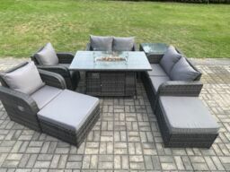 Fimous 8 Seater Rattan Garden Furniture Set Outdoor Propane Gas Fire Pit Table & Sofa Chair set with Side Table 2 Big Footstool in Dark Grey - thumbnail 1
