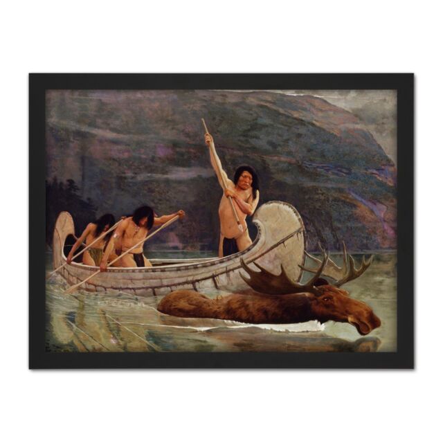 "Artery8 Wall Art Print Brush The Moose Chase Hunting Native American Painting Large Framed Wall Décor Art in Light Oak - Size: W18"" x H24""" - image 1