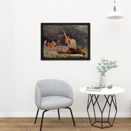 "Artery8 Wall Art Print Brush The Moose Chase Hunting Native American Painting Large Framed Wall Décor Art in Light Oak - Size: W18"" x H24""" - thumbnail 2