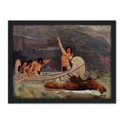 "Artery8 Wall Art Print Brush The Moose Chase Hunting Native American Painting Large Framed Wall Décor Art in Light Oak - Size: W18"" x H24""" - thumbnail 1