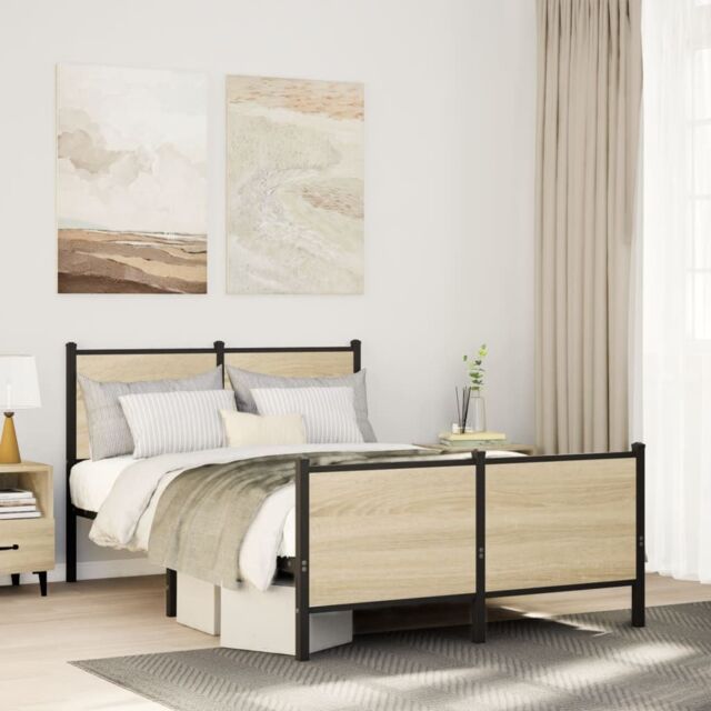 Berkfield Home Metal Bed Frame without Mattress Sonoma Oak 120x200 cm in Brown - Size: Small Double - image 1