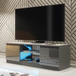 Mex Furniture LTD TV Unit with LED Lighting & Gloss Doors / 120cm in Dark Grey - thumbnail 1