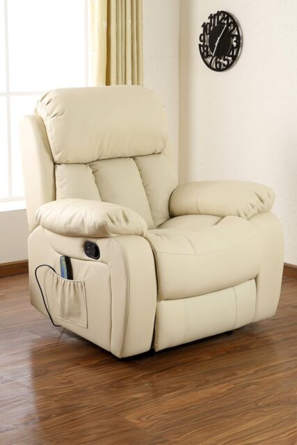 More4Homes Chester Bonded Leather Manual Recliner Chair with Heat & Massage in Cream - image 1