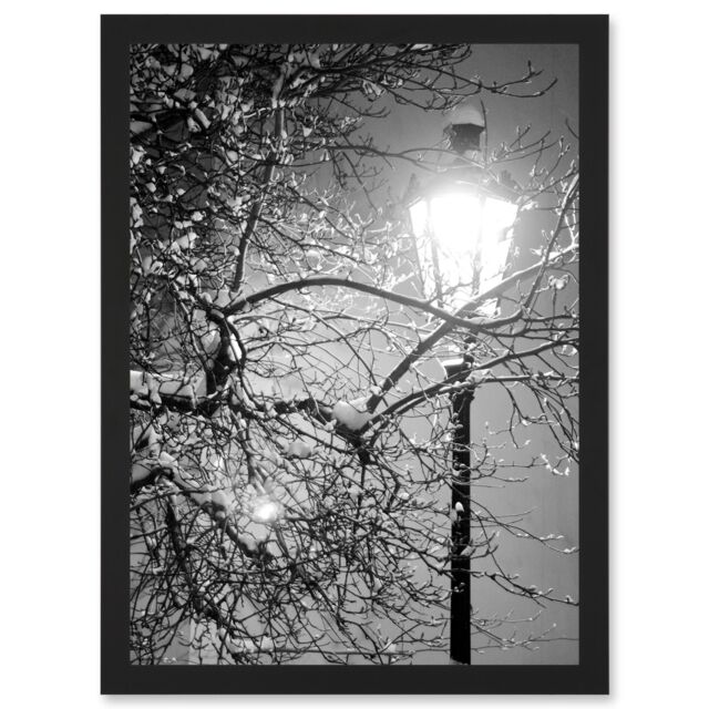 Artery8 Street Lamp Paris France Winter Night Black White A4 Artwork Framed Wall Art Print - image 1