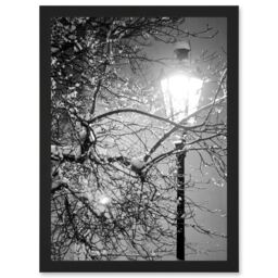 Artery8 Street Lamp Paris France Winter Night Black White A4 Artwork Framed Wall Art Print - thumbnail 1