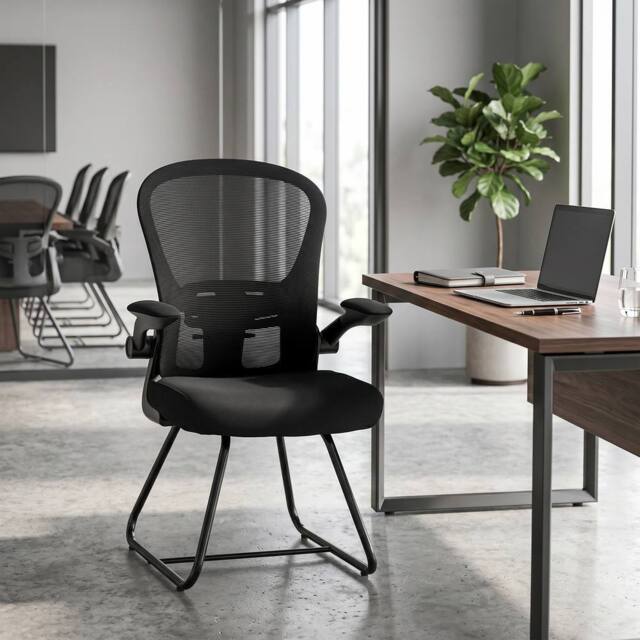 HOMCOM Conference Chair, Reception Office Chair with Flip-up Armrest in Black - image 1