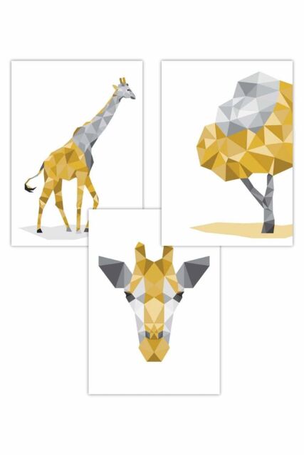 ARTZE Set of 3 Geometric Yellow Grey Giraffe Set Art Posters - Size: W50 cm x H70 cm - image 1