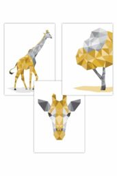 ARTZE Set of 3 Geometric Yellow Grey Giraffe Set Art Posters - Size: W50 cm x H70 cm - thumbnail 1
