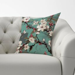 Warren Reed - Designer Pink Blossom Asian Design Cushions in Green - Size: 60 cm x 60 cm - thumbnail 2