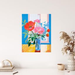 "Wee Blue Coo Wall Art Print Formidable Florals Acrylic Painting Wildflowers in Glass Vase Vibrant Blue Orange Pink Poster - Size: W18"" x H24""" - thumbnail 4