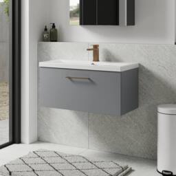 Balterley 800mm Wall Hung 1 Drawer Vanity Basin Unit, Satin Grey, Bronze Handle in Grey - thumbnail 4