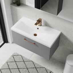 Balterley 800mm Wall Hung 1 Drawer Vanity Basin Unit, Satin Grey, Bronze Handle in Grey - thumbnail 3