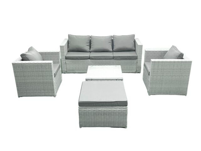 Fimous 6 Seater Rattan Garden Furniture Set with 3 Seater Sofa 2 Chair Square Coffee Table Big Footstool Light Grey Mixed - image 1