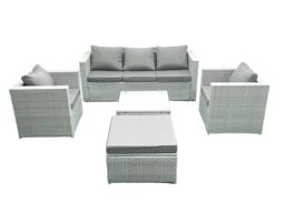 Fimous 6 Seater Rattan Garden Furniture Set with 3 Seater Sofa 2 Chair Square Coffee Table Big Footstool Light Grey Mixed - thumbnail 2