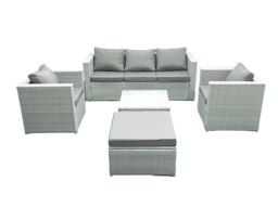Fimous 6 Seater Rattan Garden Furniture Set with 3 Seater Sofa 2 Chair Square Coffee Table Big Footstool Light Grey Mixed - thumbnail 1