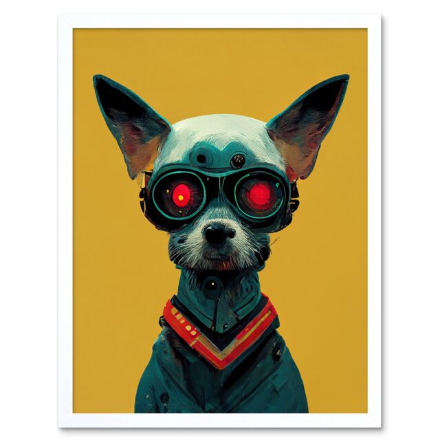"Artery8 Wall Art Print Cyborg Chihuahua Dog With Infrared Goggles In Mustard Red Background Art Framed in White - Size: W12"" x H16""" - image 1