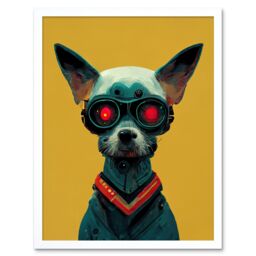 "Artery8 Wall Art Print Cyborg Chihuahua Dog With Infrared Goggles In Mustard Red Background Art Framed in White - Size: W12"" x H16""" - thumbnail 1
