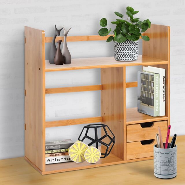 HOMCOM Desk Organiser Bookshelf Storage Shelf 180 Degree Rotatable 2 Drawers in Light Brown - image 1