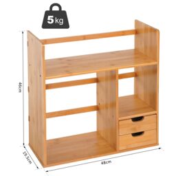 HOMCOM Desk Organiser Bookshelf Storage Shelf 180 Degree Rotatable 2 Drawers in Light Brown - thumbnail 3