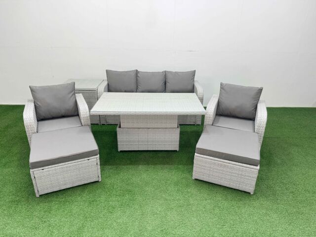 Fimous PE Rattan Garden Furniture Set Reclining Chair Sofa Lounge Sofa Set Adjustable Lifting Dining or Coffee Table Side Table 2 Big Footstool Light - image 1