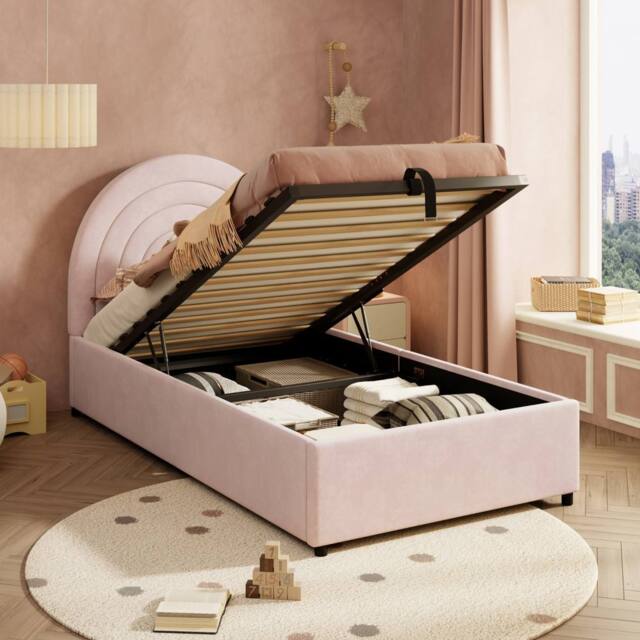 ModernLuxe Kids single upholstered bed with hydraulic storage & headboard in Pink - image 1
